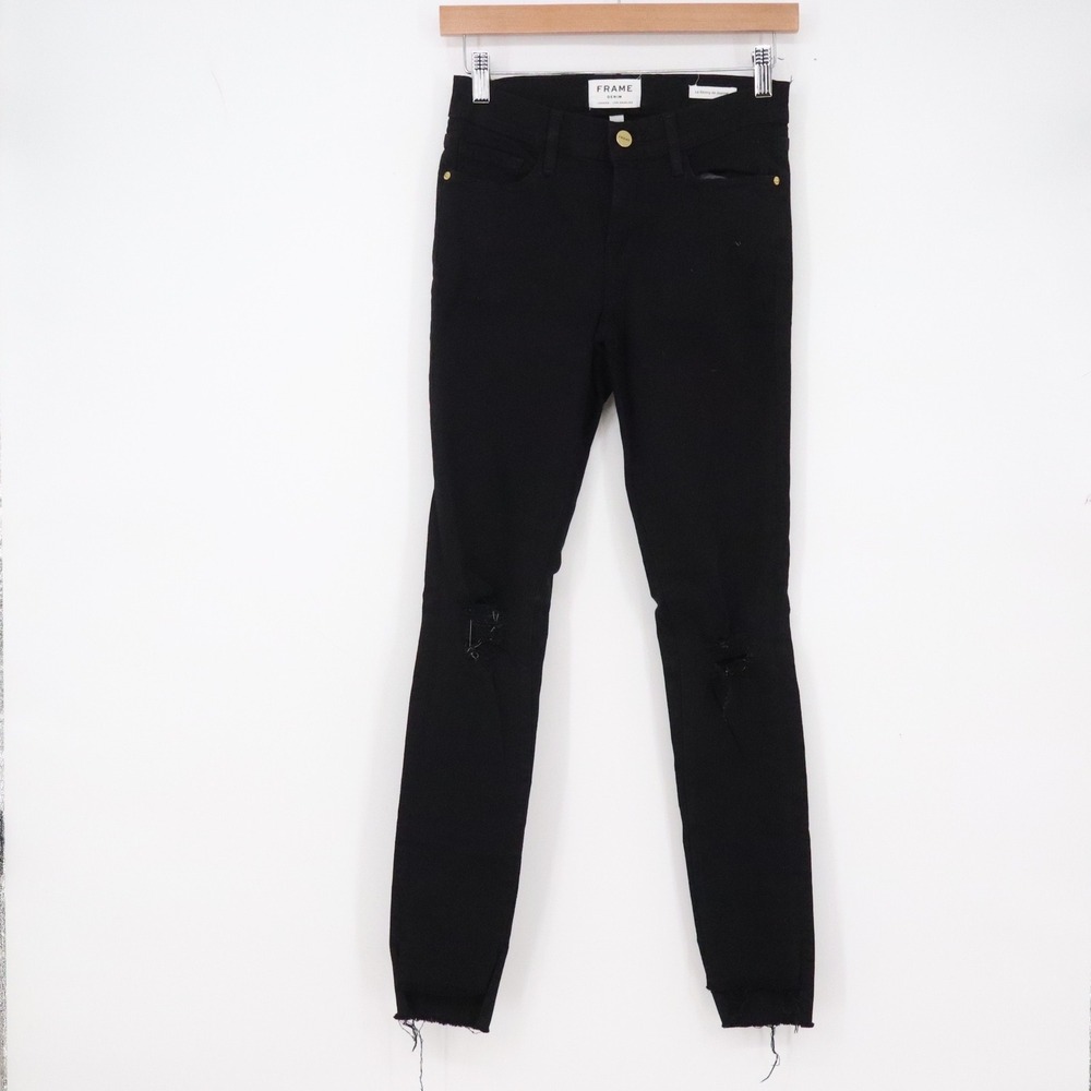 Frame Jeans Womens 26 Le Skinny de Jeanne Noir Jefferson Distressed Raw Hem Exc